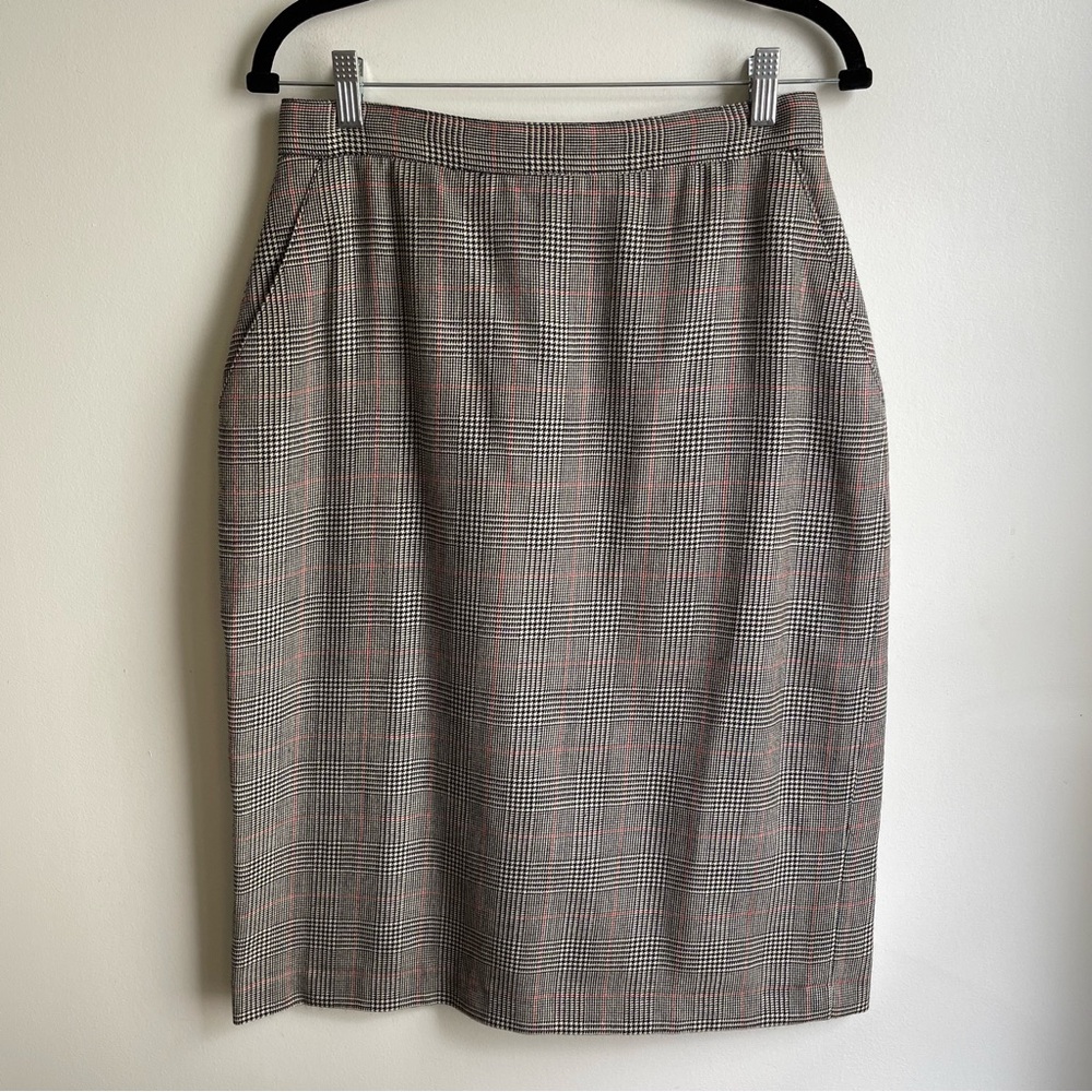 Vintage 80s Giorgio Sant’Angelo Wool Skirt Houndstooth Plaid Midi Pencil Size 12